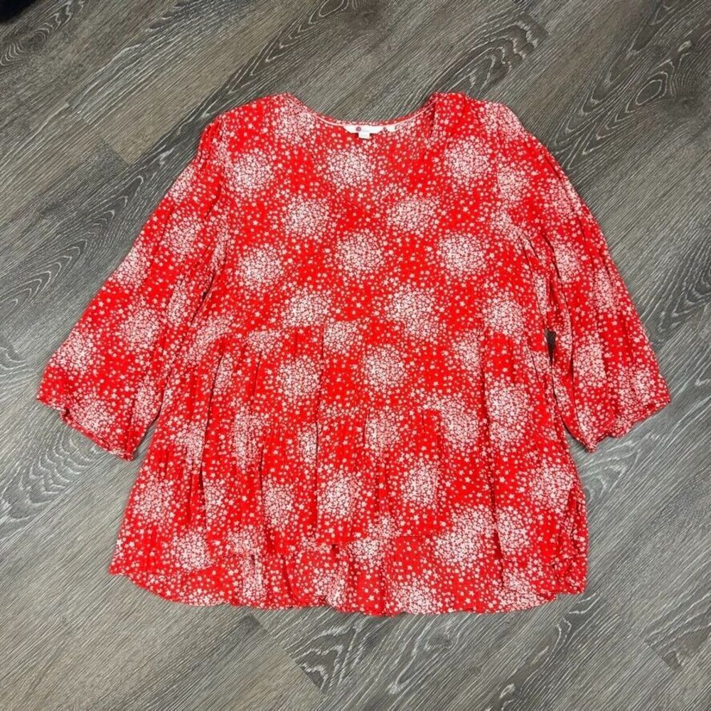 Boden Red Flowy Ditsy Floral Tiered Ruffle Blouse V-Neck Size 18 EUC